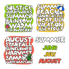 Calendar 2023. Summer months. Funny bunny character. Hand draw letters