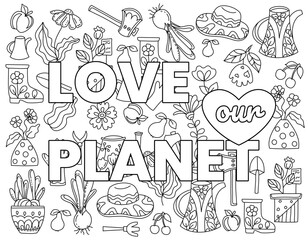 Love our planet, green vibes. Hand drawn coloring page for kids and adults. Eco concept, zero waste. Beautiful drawing with patterns and small details. Coloring book pictures. Vector