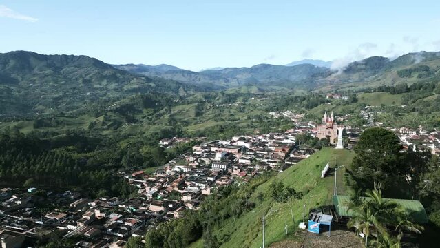 Aerial view of Jerico Colombia town in the department of Antioquia surrounded with andes mountains in a green valley