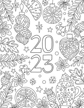 Hand drawing coloring page for kids and adults. Holiday greeting New Year 2023. Beautiful drawing with patterns and small details. Coloring book pictures. Vector