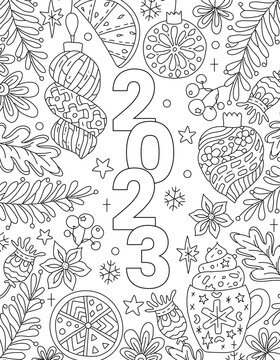 Hand drawing coloring page for kids and adults. Holiday greeting New Year 2023. Beautiful drawing with patterns and small details. Coloring book pictures. Vector