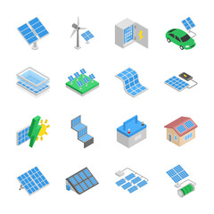 Solar panel isometric icons set. Different photo-voltaic module. Solar power. Objects collection. Vector illustration