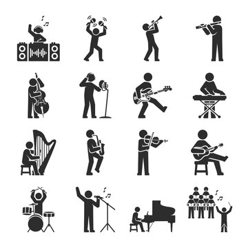Musicians icons set. Playing a musical instrument. People and different types of musical instruments. Vector black and white icon, isolated symbol