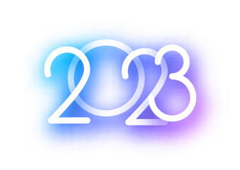 2023 blue and purple neon like sign on white background.