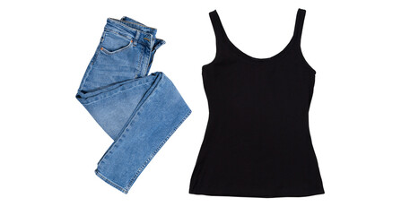 Black tank top and folded denim pants isolated on white background