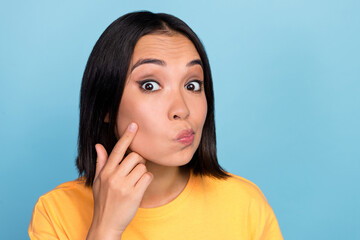 Photo portrait of gorgeous young girl chinese touch cheek skin problem dressed stylish yellow...