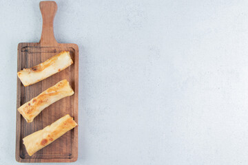 A tray of delicious pancakes on marble background