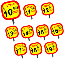 Discount sticker Template with 10,99 11,99 12,99 13,99 14,99 15,99 16,99 17,99 18,99 19,99 only. Vector template design, Sale, price tag illustration.