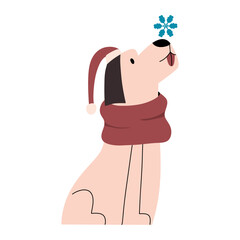 Dog in a Christmas hat and scarf with a snowflake. Vector illustrations in the style of hand drawing for the new year.