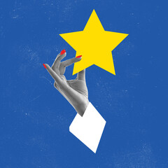 Contemporary art collage. Female hand holding big yellow star over blue background. Good luck symbol