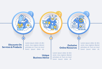 Benefits of business clubs membership circle infographic template. Data visualization with 3 steps. Editable timeline info chart. Workflow layout with line icons. Lato Bold, Regular fonts used © bsd studio