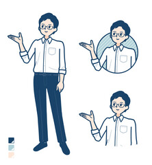 シャツを着た男性が解説しているイラスト