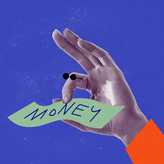 Contemporary art collage. Human hand holding money over blue background. Financial growth and profitability strategies