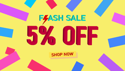 Flash Sale 5% Discount. Sales poster or banner with 3D text on yellow background, Flash Sales banner template design for social media and website. Special Offer Flash Sale campaigns or promotions. 