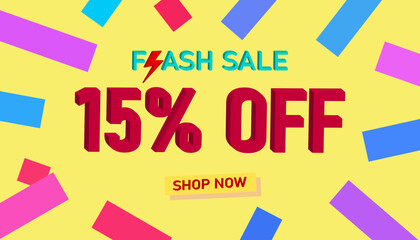 Flash Sale 15% Discount. Sales poster or banner with 3D text on yellow background, Flash Sales banner template design for social media and website. Special Offer Flash Sale campaigns or promotions.