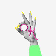 Contemporary art collage. Female hand showing Ok gesture symbolizing approvement and positive...