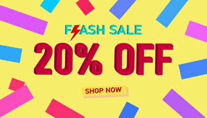 Flash Sale 20% Discount. Sales poster or banner with 3D text on yellow background, Flash Sales banner template design for social media and website. Special Offer Flash Sale campaigns or promotions.