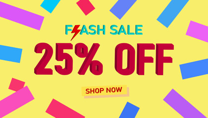 Flash Sale 25% Discount. Sales poster or banner with 3D text on yellow background, Flash Sales banner template design for social media and website. Special Offer Flash Sale campaigns or promotions. 