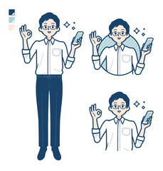 シャツを着た男性がスマートフォンを持ちOKサインをしているイラスト