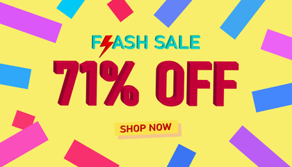 Flash Sale 71% Discount. Sales poster or banner with 3D text on yellow background, Flash Sales banner template design for social media and website. Special Offer Flash Sale campaigns or promotions.