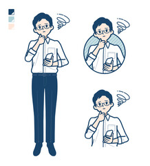 シャツを着た男性がスマートフォンを持ち困っているイラスト