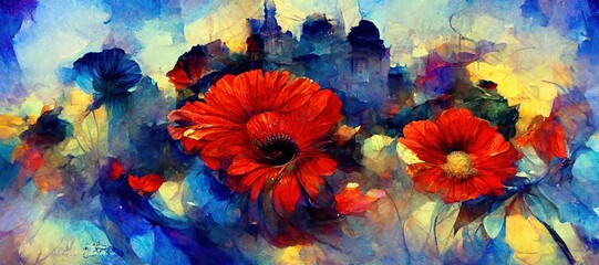 Fototapeta na wymiar Abstract flower fantasy of petal swirls, vibrant bright summer colors of crimson red, pink and sapphire blue. Gorgeous decoration & blooming beautiful design background.