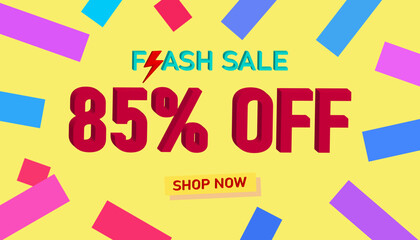 Flash Sale 85% Discount. Sales poster or banner with 3D text on yellow background, Flash Sales banner template design for social media and website. Special Offer Flash Sale campaigns or promotions.