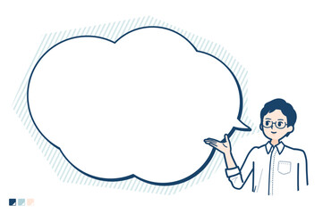 シャツを着た男性が吹き出しで解説しているイラスト