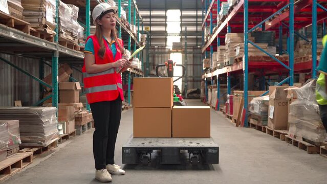 4K, Asian shipping woman counts the boxes for customers, worker lift cardboard box from wooden plate preparing to stock checking, staff carry products in warehouse store sending to thelogistic company