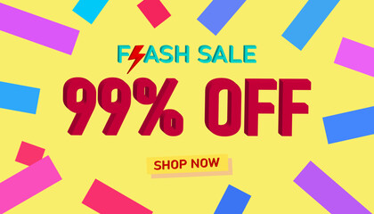 Flash Sale 99% Discount. Sales poster or banner with 3D text on yellow background, Flash Sales banner template design for social media and website. Special Offer Flash Sale campaigns or promotions.