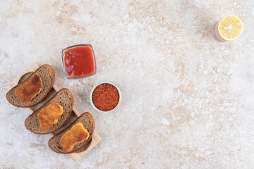 Fried chicken nuggets with sauces and spices