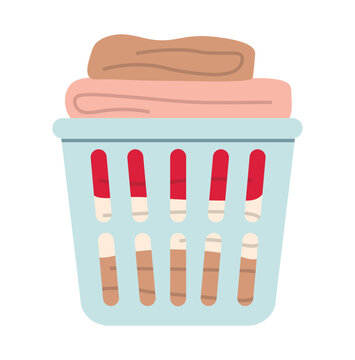 Basket with clean folded clothes. Laundry basket. Pile of clean clothes. Washed laundry. Flat vector illustration isolated on white background.