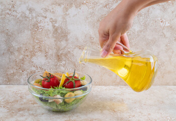 Caesar salad with lettuce, chopped chicken meat and cherry tomatoes