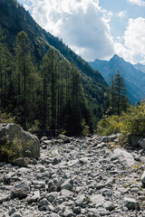 Fototapeta na wymiar Alpine landscape countryside in sunny summer day in Val di Mello, Lombardy, Italy.