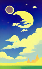 Obraz na płótnie Canvas Minimalist drawing flat illustration of landscape, clouds, starry night with moon in the sky and moonlight. Minimalism design digital painting print, creative template background.
