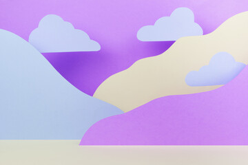 Fototapeta na wymiar Abstract colorful empty stage mockup - paper landscape with mountains blue, violet, white color, clouds in baby cartoon naive style. Art background for presentation of cosmetic produce, gift, goods.