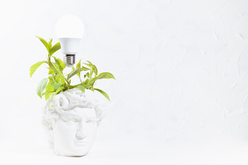 Brainstorming concept - fresh green wreath of leaves as thoughts and glow light bulb over head of...