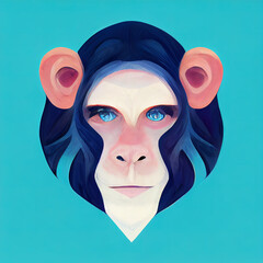Artistic illustrated portrait of a chimpanzee. Stylized head of a monkey on a blue background. Digital illustration.