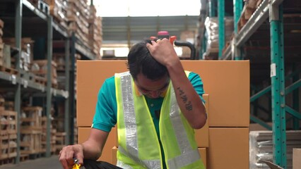4K, Asian worried unhealthy worker alcoholism lean on floor take a break while working in store, health insurance concept, exhausted young man in warehouse get tired, sick during work sitting on plate