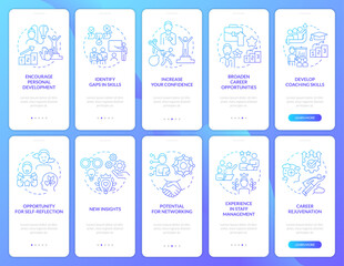 Successful mentoring program blue gradient onboarding mobile app screen set. Walkthrough 5 steps graphic instructions with linear concepts. UI, UX, GUI template. Myriad Pro-Bold, Regular fonts used