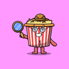 Cute cartoon character Popcorn detective is searching with magnifying glass   