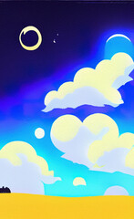 Fototapeta premium Minimalist drawing flat illustration of landscape, clouds, starry night with moon in the sky and moonlight. Minimalism design digital painting print, creative template background.