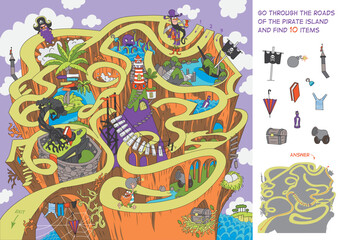 Pirate Island. You need to go through tangled roads, find the exit and 10 hidden objects in the picture. Vector illustration for children. Funny cartoon characters.