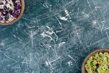 Seasonal vegetable salad with chopped purple cabbage and herbs