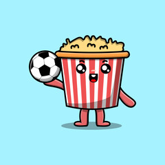 Cute cartoon Popcorn character playing football in flat cartoon style illustration
