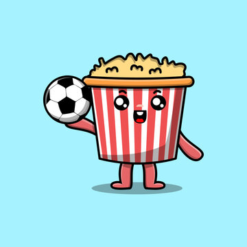 Cute cartoon Popcorn character playing football in flat cartoon style illustration
