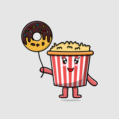 Cute cartoon Popcorn floating with donuts balloon cartoon vector illustration 