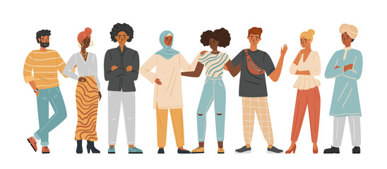 Diverse group of people concept vector illustration. Business multinational and multiracial team. Man and woman of various race in casual outfits. Community of different people