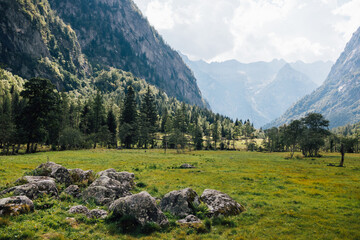 Fototapeta na wymiar Alpine landscape countryside in sunny summer day in Val di Mello, Lombardy, Italy.