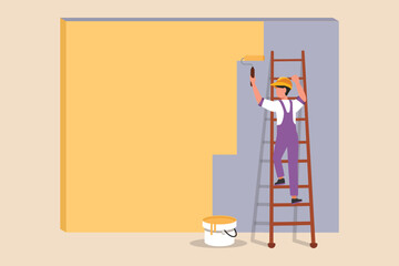 Construction worker painting the wall of the house with paint roller and wooden vintage ladder. Construction and building concept. Flat vector illustrations isolated. 